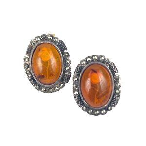 Handmade Baltic Carved Amber Rose Vintage Sterling Silver Amber Oval Stud Earrin